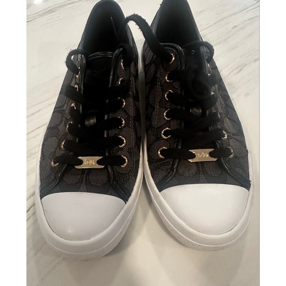 Coach Signature Canvas Low Top Sneakers Black Gold Hardware Monogram Women's